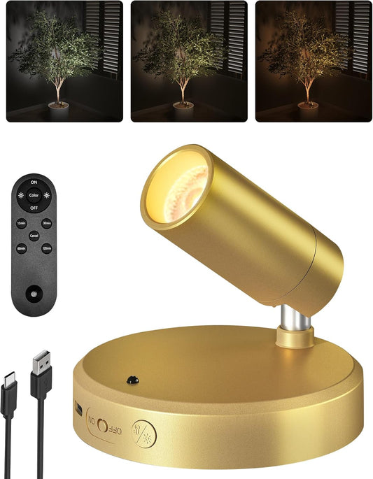 EZVALO LED Spotlight Indoor, 5500mAh Rechargeable Battery Picture Lights, Wireless Mini Art Accent Spot Lights with Remote, Uplighting Indoor for Plants Display Painting Artwork Portrait (1Pack-Gold)