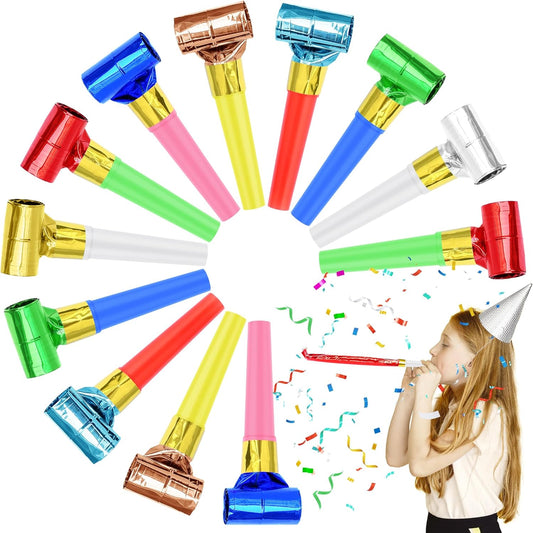 12 Pcs Party Blower Colorful Blowouts Noisemakers Birthday Blowouts Whistles for Party Favors(Colorful Metallic Roll)