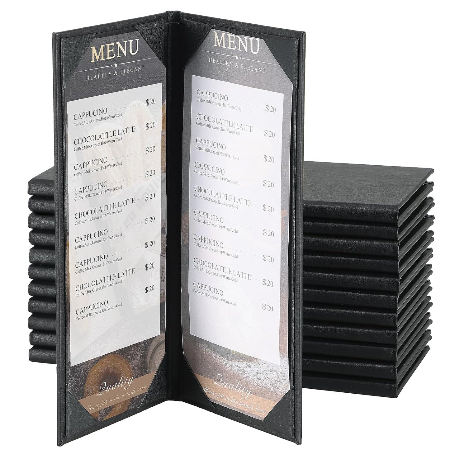 12 Pack 2 View Menu Holder Menu Covers 4.25" x 11" | Black Leather Menu Sleeves Book Style for Restaurant Coffee Bars Wine List