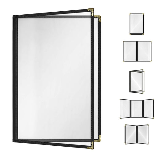 Goodsmart Restaurant Menu Covers – 25 Pack Black 4-View 8.5" x 14", Side-Loading Vinyl & Plastic Menu Holders, Clear Menu Sleeves, Leather-Style Café Covers with Gold Corners