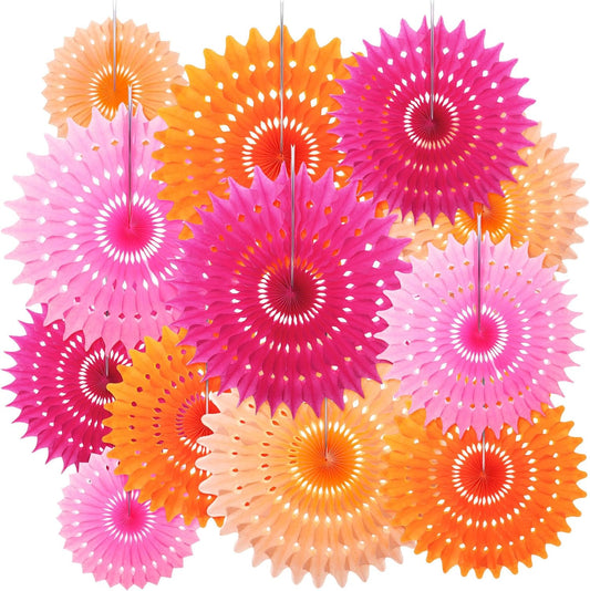 Outus 12 Pcs Hanging Honeycomb Paper Fans Sets, Fiesta Pink and Orange Party Decorations, Tissue Paper Flowers Supplies for Birthday Wall Classroom Wedding Bridal Photo Backdrop (14/10/6 Inch)
