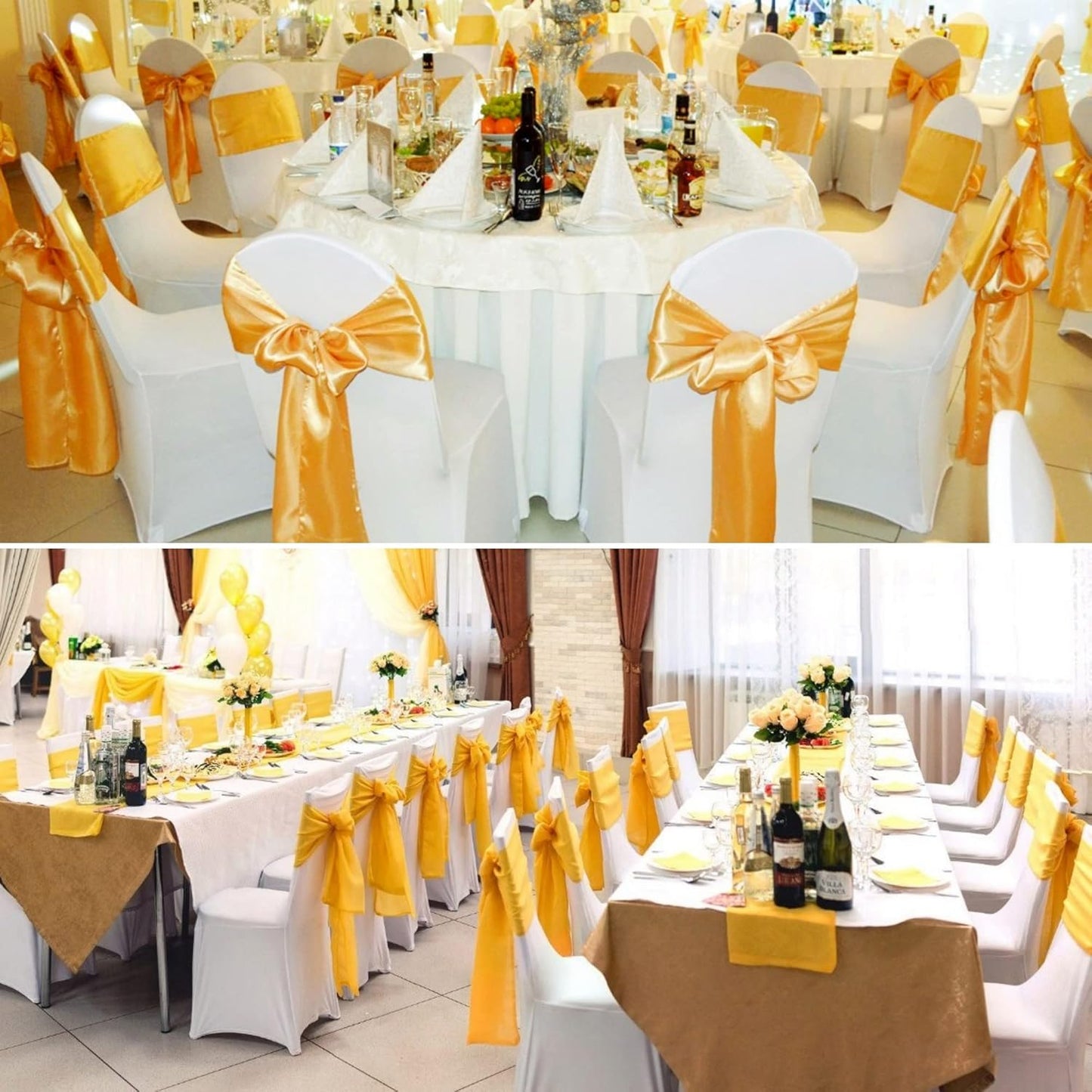 50 PCS Satin Chair Sashes Bows Decorative Universal Chair Cover Chair Ribbon Ties Back Sash for Wedding Party Ceremony Reception Hotel Events Banquet Restaurant Home Kitchen Decor(7 x 108 inch,Gold)
