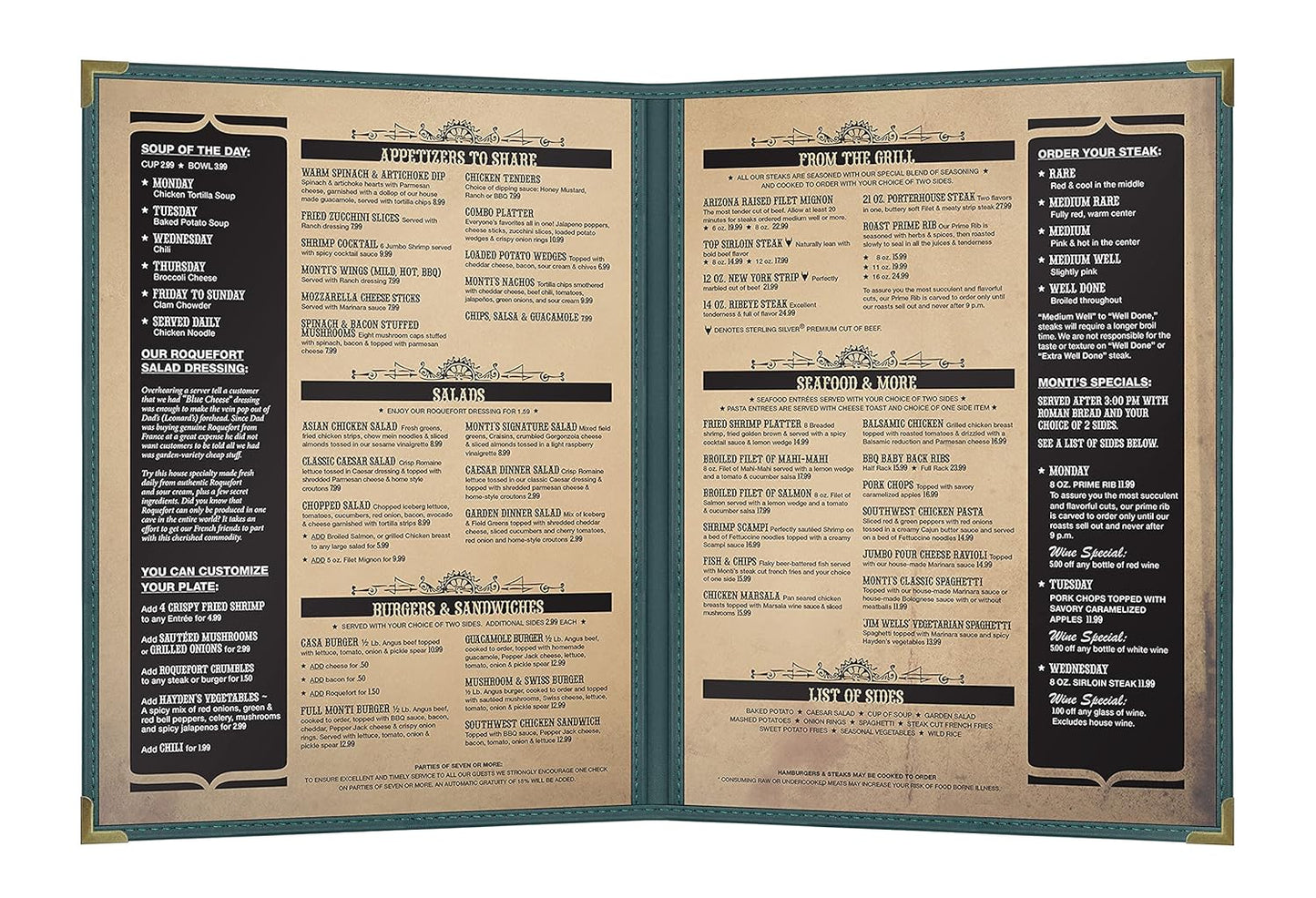 Goodsmart Pajco Style Restaurant Menu Covers – Pack of 10, Side-Loading Menu Holders, Single Stitched Edge, Clear Vinyl Menu Sleeves, Leatherette Trim, Gold Corners, Green, 2 View (8.5" x 11")