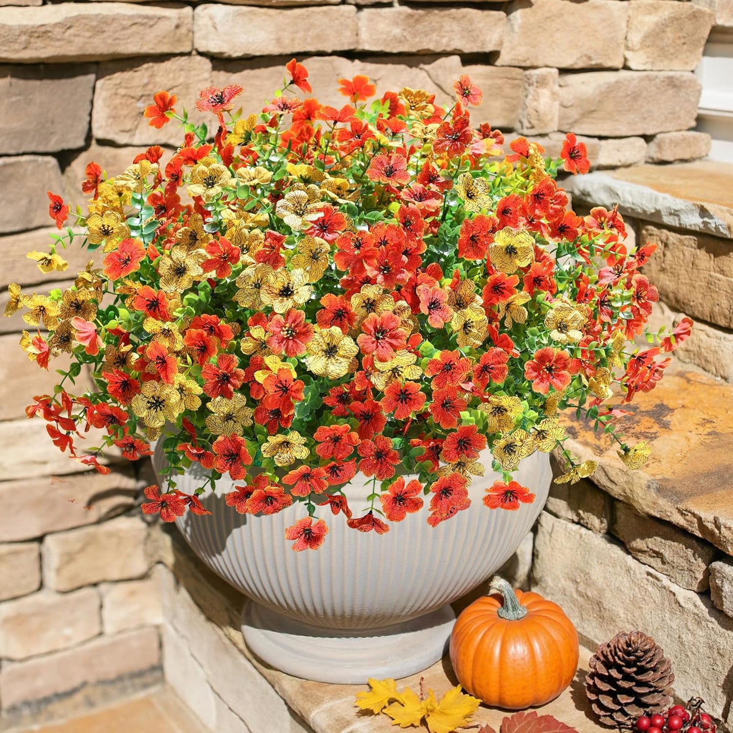 HyeFlora Artificial Fall Flowers Faux Mums for Outdoor Indoor Garden Home Decoration, Faux Flower Daisy with Eucalyptus Leaves Fake Mums Plants Greenery Boxwood Porch Patio, 12 Bundles (OrangeYellow)