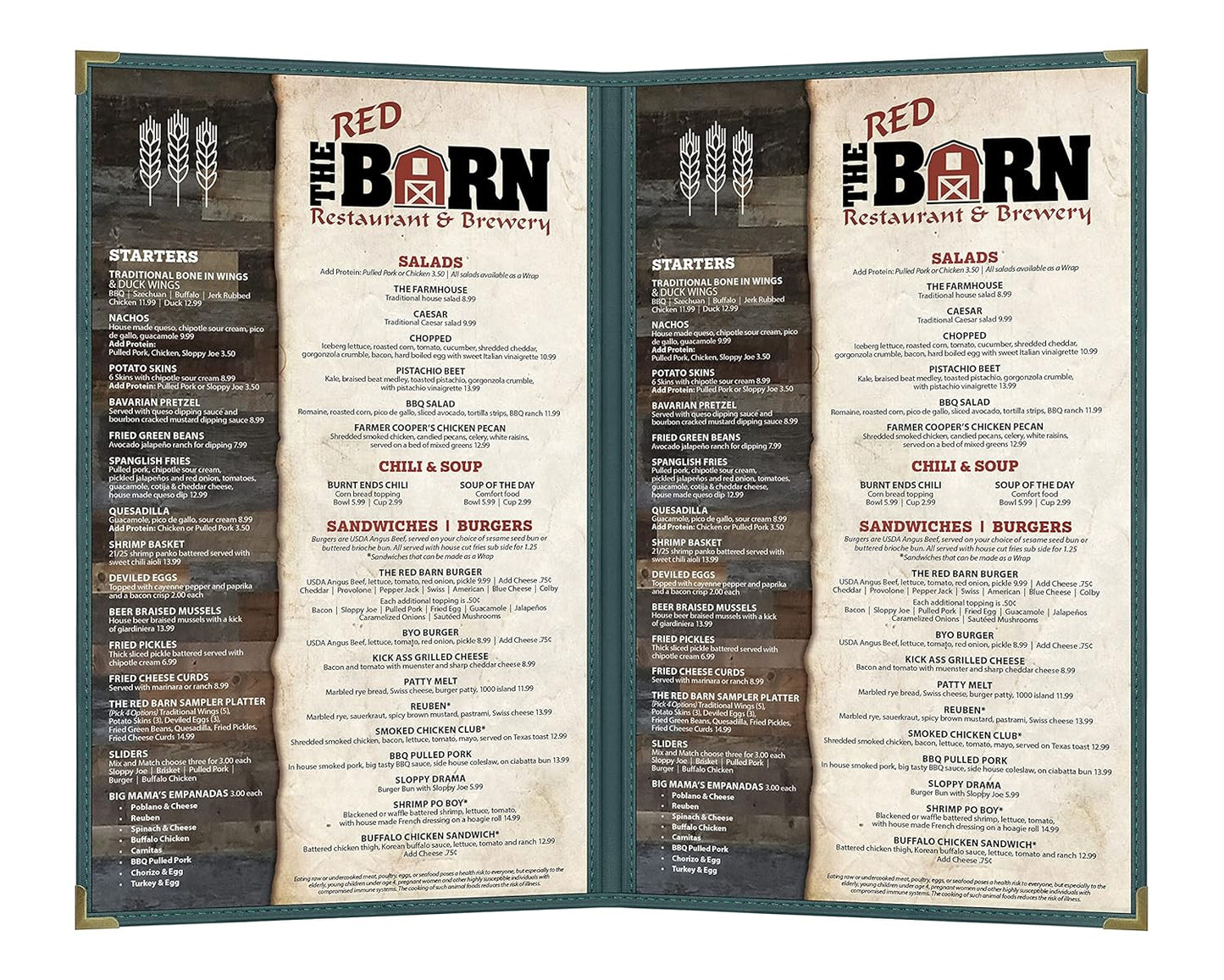 Goodsmart Pajco Style Restaurant Menu Covers – Pack of 10, Side-Loading Menu Holders, Single Stitched Edge, Clear Vinyl Menu Sleeves, Leatherette Trim, Gold Corners, Green, 2 View (8.5" x 14")