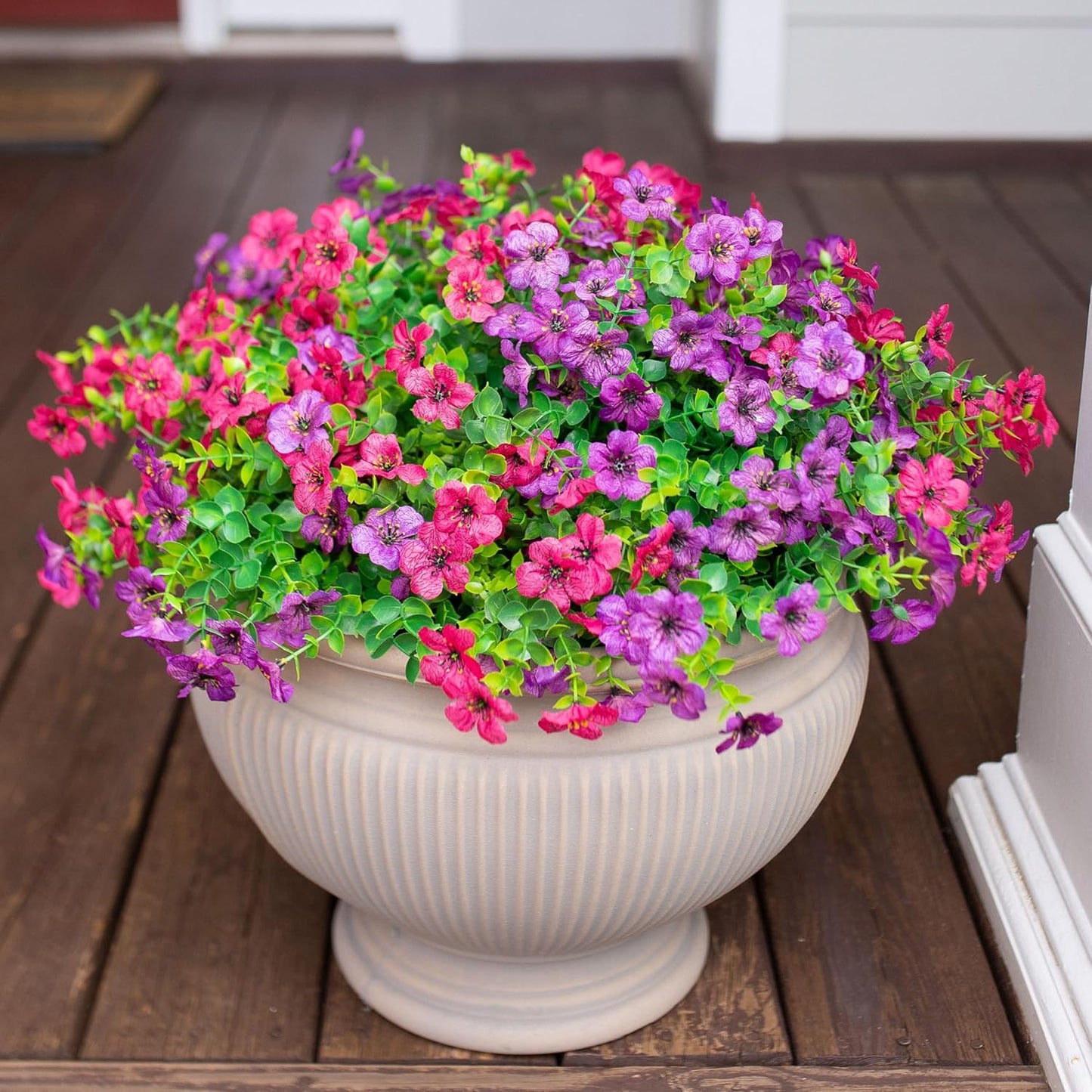 HyeFlora Artificial Flowers for Outdoor Indoor Garden Home Decoration, Faux Flower Daisy with Eucalyptus Leaves Fake Plants Greenery Boxwood Porch Patio, 12 Bundles (Purple Pink)